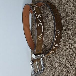 Nocona Belt Co Brown Floral Rhinestones Silver Buckle Sz Med Womens